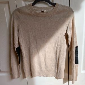 Tan Sweater with Black Leather Sleeve Patches